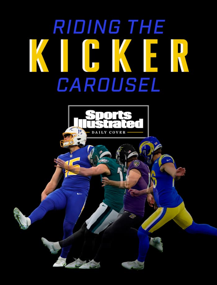 Action of Cameron Dicker kicking with four different teams